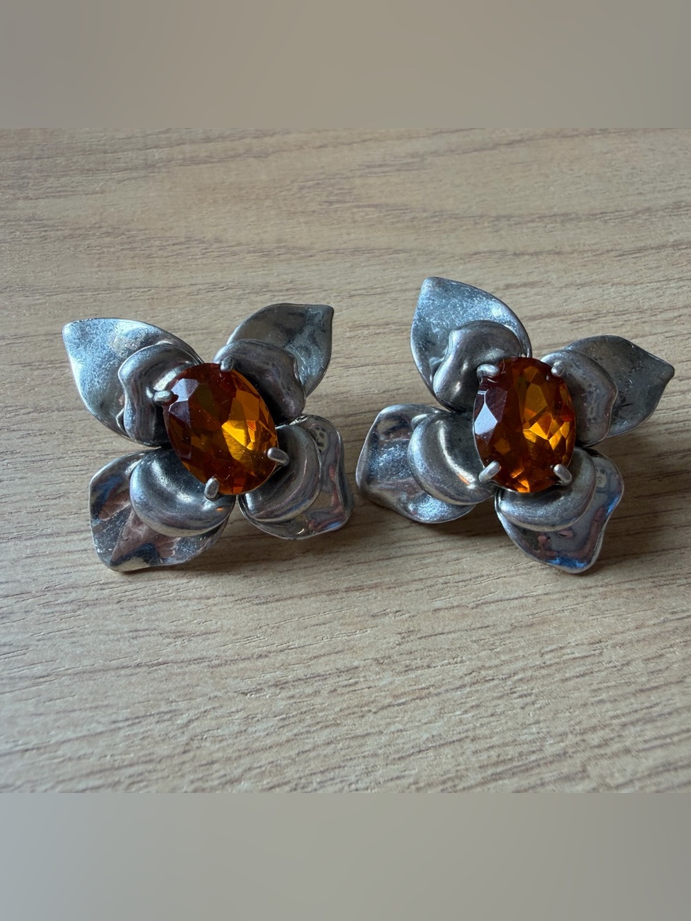 Vintage Silver Tone Floral Flower Earrings with Orange Rhinestone Center